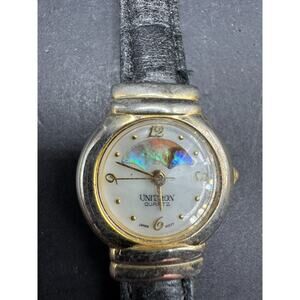 Vintage Unitron Moon Phase Abalone Quartz Watch Silver Tone Black Leather Band